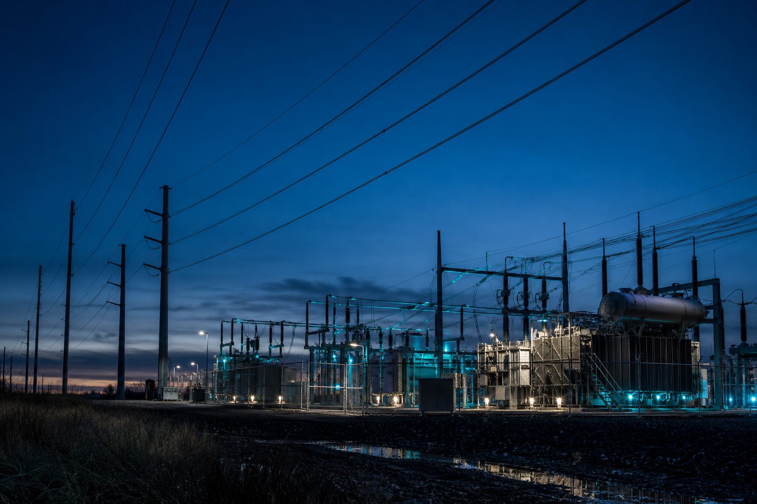 Electrical substation and grid infrastructure at dusk